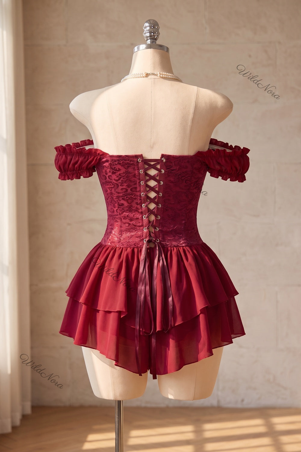 Burgundy Chiffon Corset Romper with Lace Overlay burgundy chiffon corset romper - product view 4