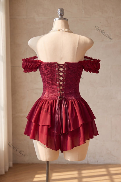 Burgundy Chiffon Corset Romper with Lace Overlay burgundy chiffon corset romper - product view 4