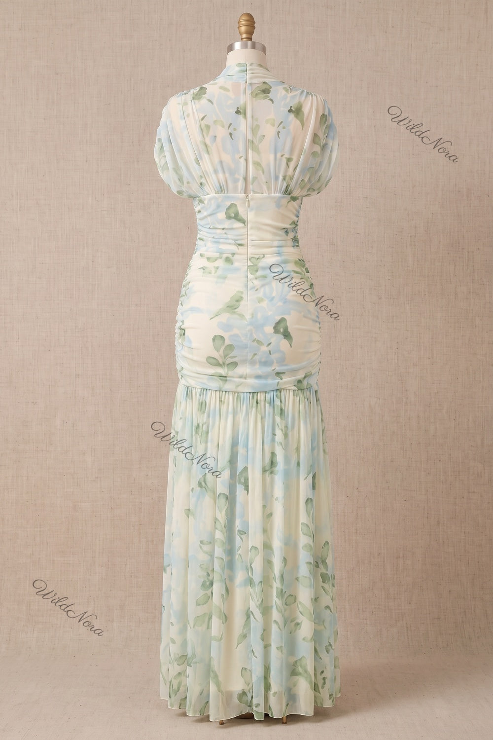 Cream Watercolor Floral Drop-Waist Maxi Dress Cream, Off-white Sheer mesh Maxi dress - product view 4