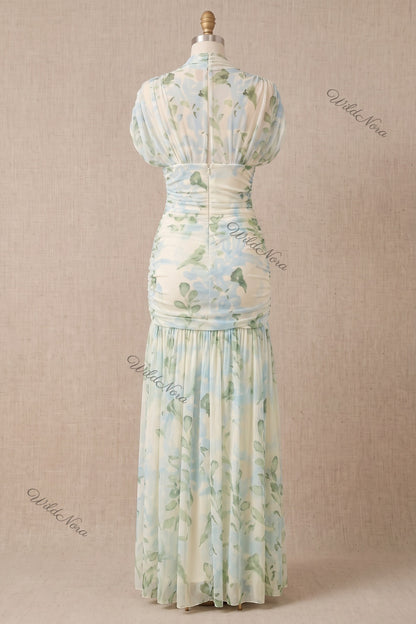 Cream Watercolor Floral Drop-Waist Maxi Dress Cream, Off-white Sheer mesh Maxi dress - product view 4