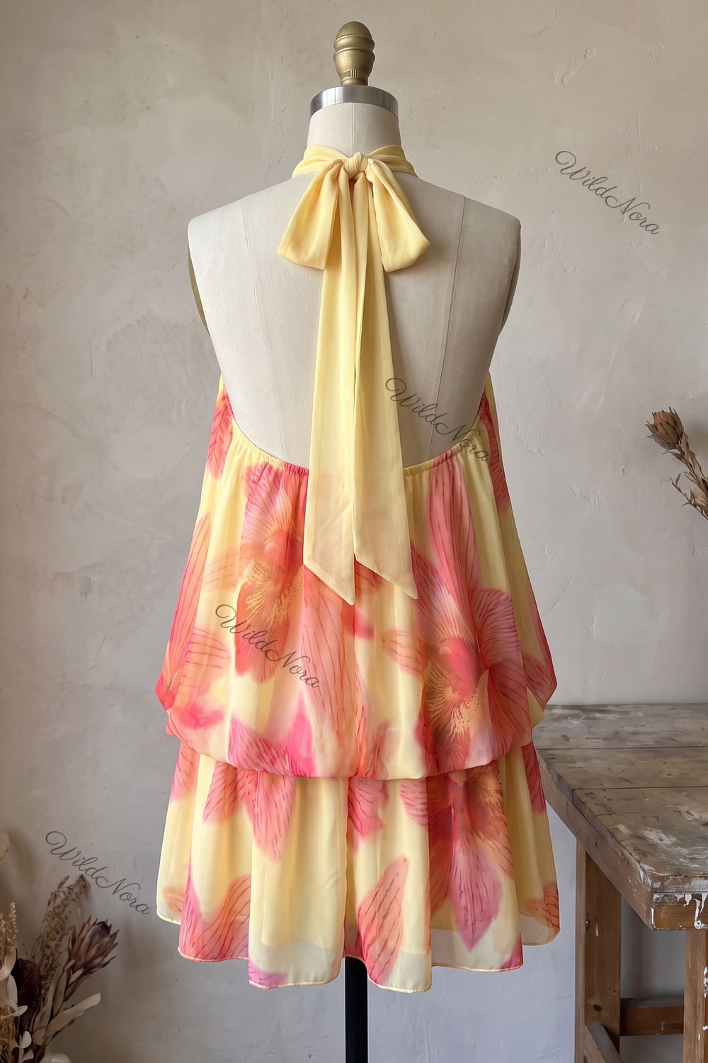 Pale Yellow Chiffon A-Line Tiered Blouson Dress with Orchid Floral Print pale yellow chiffon dress - product view 4