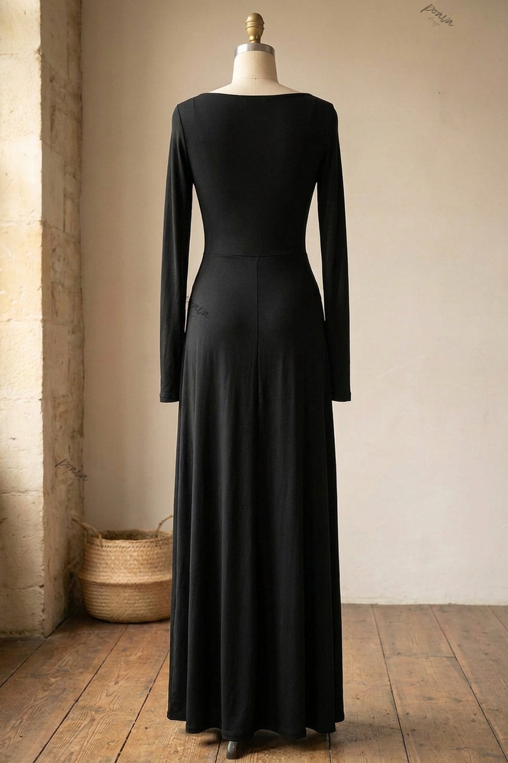 Black Stretch Jersey Maxi Dress with Draped Skirt and Thumbhole Sleeves black stretch jersey knit maxi dress - product view 4