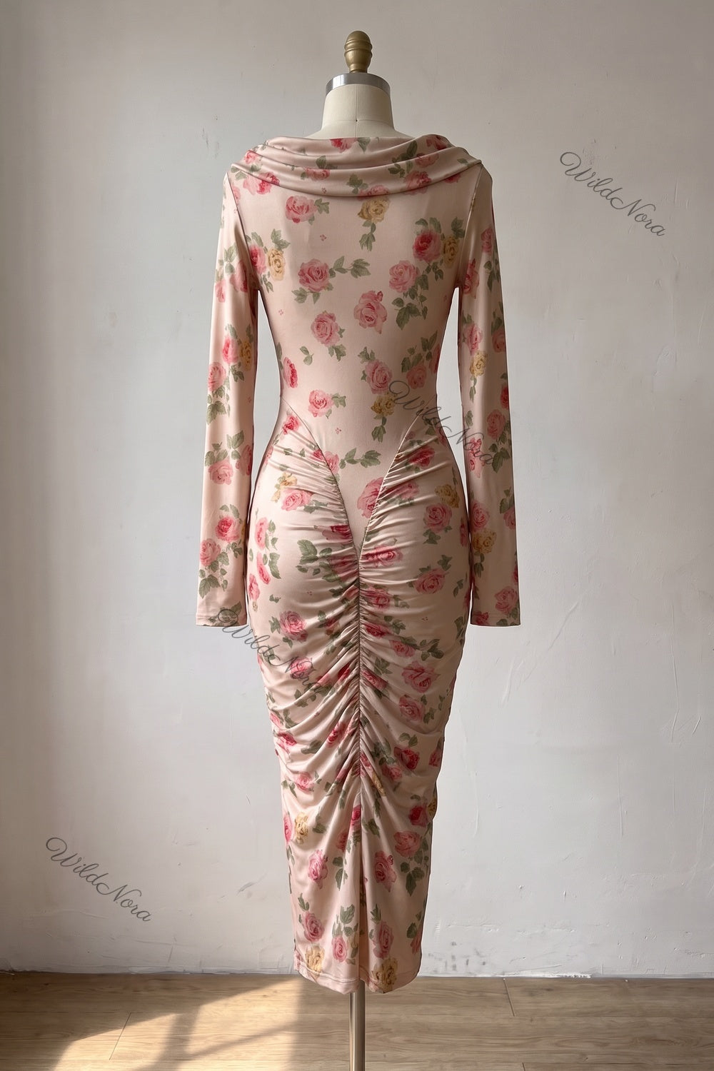 Pale Pink Floral Bodycon Sheath Dress pale pink, beige stretch jersey knit dress - product view 4