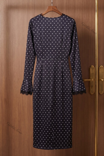Black Satin Polka Dot Fitted Sheath Dress with Lace Trim black satin dress - product view 4