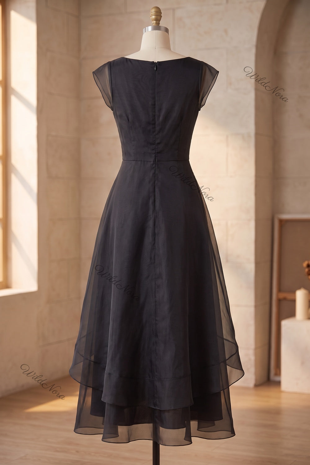 Black Sheer Organza Tiered Fit-and-Flare Midi Dress black sheer organza or chiffon midi dress - product view 4