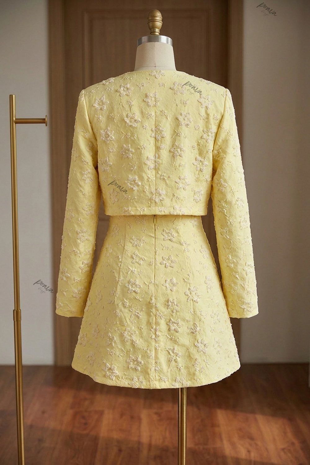 Pale Yellow Floral Appliqué Two-Piece Set Pale yellow Textured jacquard or embroidered organza overlay Two-piece set (cropped jacket and matching mini dress) - product view 4