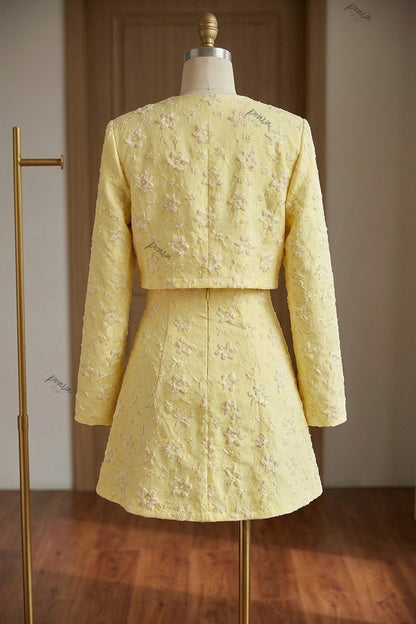Pale Yellow Floral Appliqué Two-Piece Set Pale yellow Textured jacquard or embroidered organza overlay Two-piece set (cropped jacket and matching mini dress) - product view 4