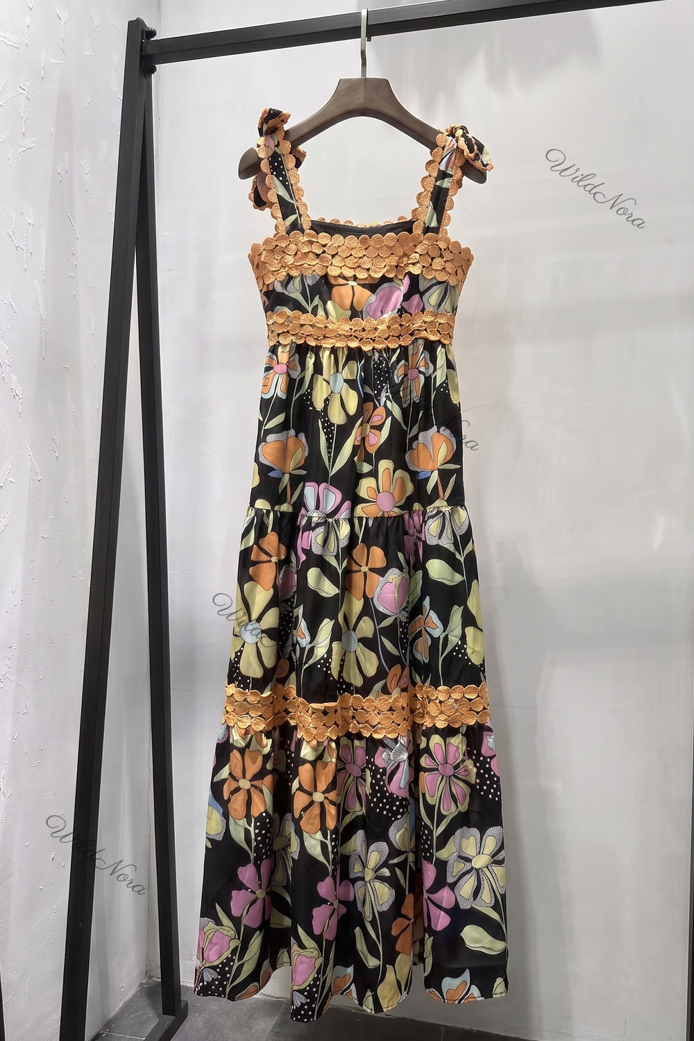 Black Abstract Floral Tiered A-Line Maxi Dress black woven cotton blend maxi dress - product view 4