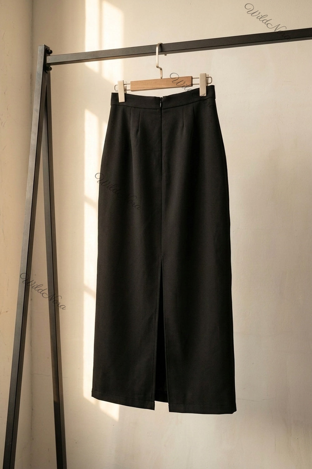 Black Structured Crepe Straight Midi Skirt with Silver Floral Beadwork black structured woven crepe skirt - product view 4