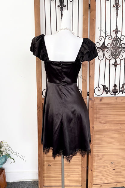 Black Satin Fit-and-Flare Mini Dress with Ruffled Cap Sleeves and Sheer Lace black satin dress - product view 4