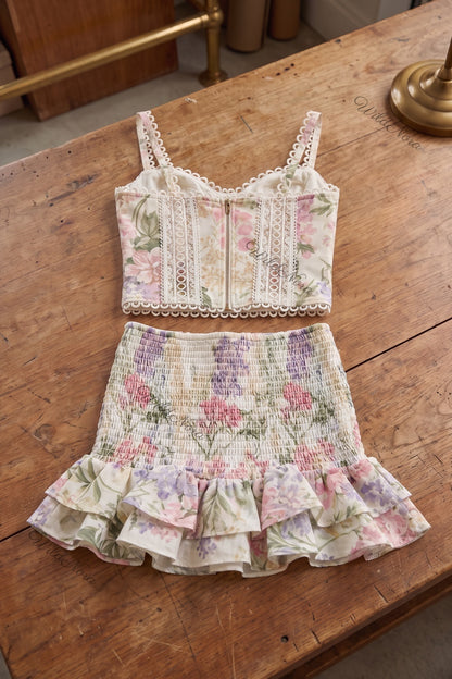 Floral Corset Two-Piece Set with Smocked Mini Skirt off-white, cream cotton-linen blend two-piece set - product view 4