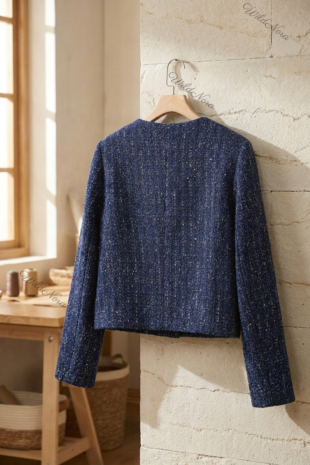 Navy Blue Tweed Boxy Cropped Jacket navy blue tweed jacket - product view 4