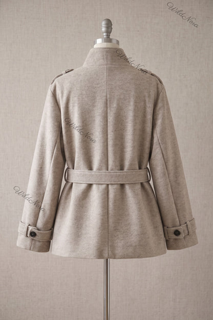 Oatmeal Beige Wool-Blend A-Line Short Belted Jacket oatmeal beige wool-blend short belted jacket - product view 4