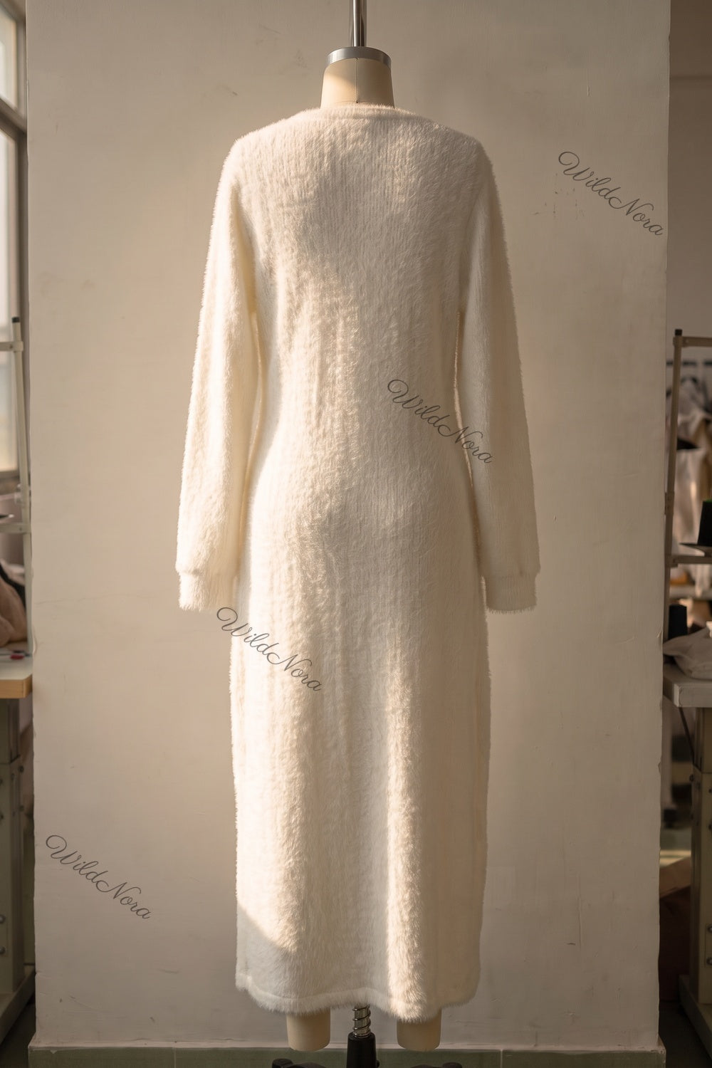 Off-White Fuzzy Eyelash Knit Column with Side Slit Sweater Dress off-white fuzzy eyelash knit sweater dress - product view 4
