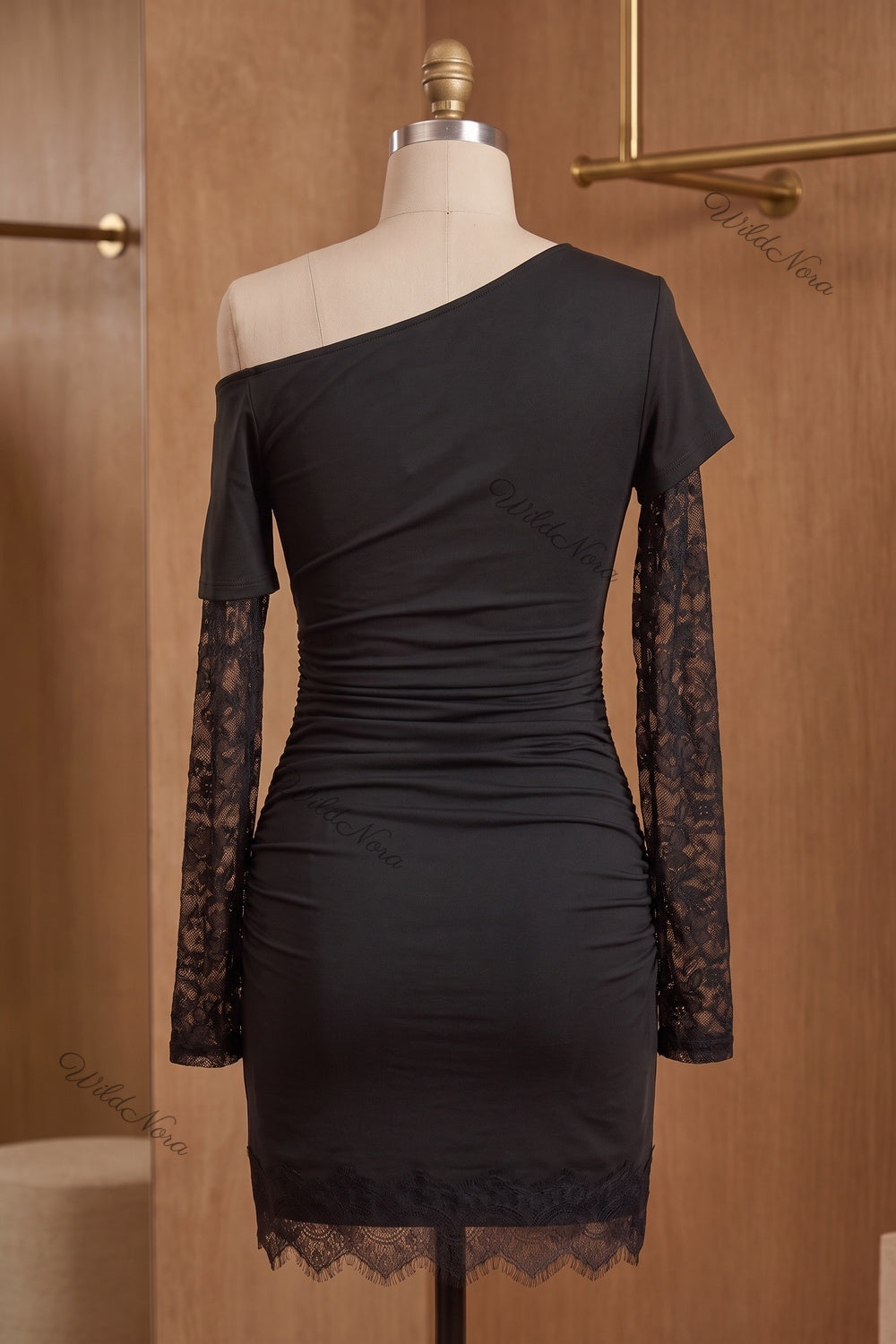 Black Asymmetrical Bodycon Mini Dress with Lace Sleeves black stretch knit jersey dress - product view 4