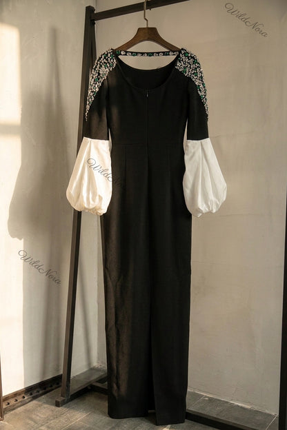 Black Column Evening Gown with Crystal Shoulders & White Puff Sleeves black heavy matte crepe evening gown - product view 4
