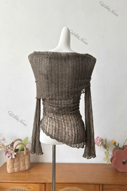 Olive Brown Sheer Knit Off-Shoulder Top with Flared Bell Sleeves olive brown sheer textured knit top - product view 4