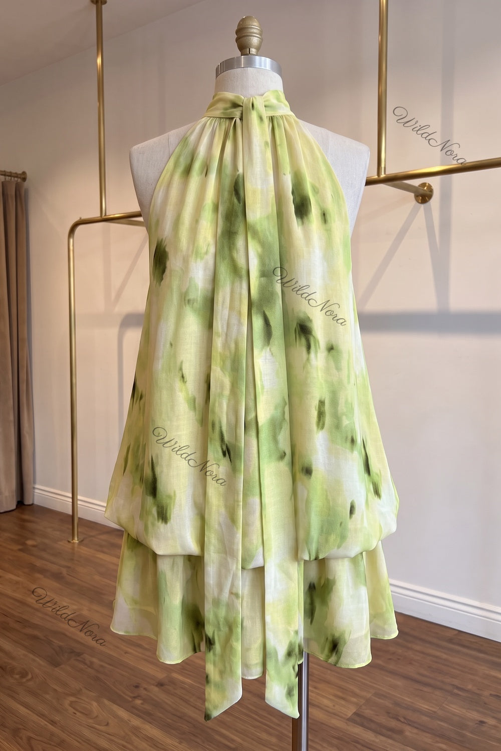 Pale Yellow Linen-Blend A-Line Tiered Blouson Mini Dress pale yellow, lime green linen-blend dress - product view 4