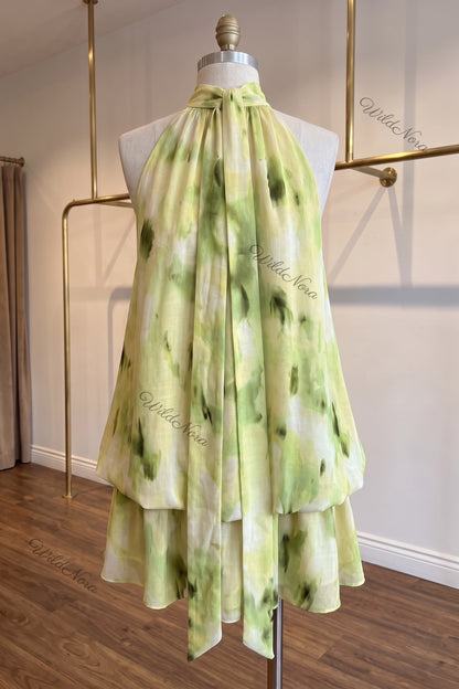 Pale Yellow Linen-Blend A-Line Tiered Blouson Mini Dress pale yellow, lime green linen-blend dress - product view 4