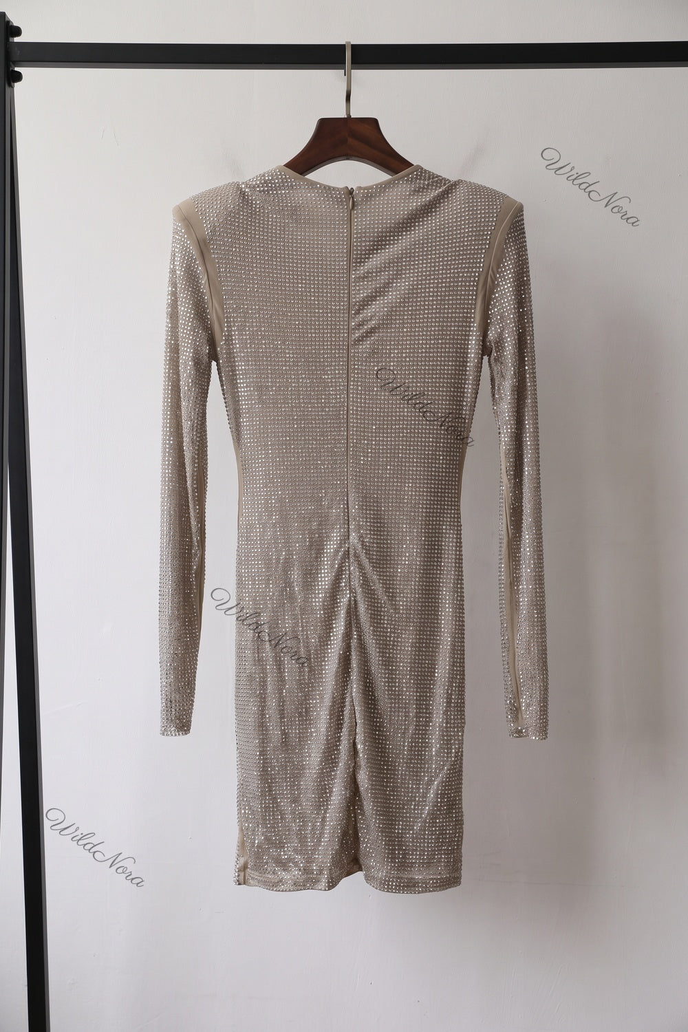 Champagne Beige Bodycon Mini Dress with Asymmetrical Side Drape champagne, beige stretch mesh dress - product view 4