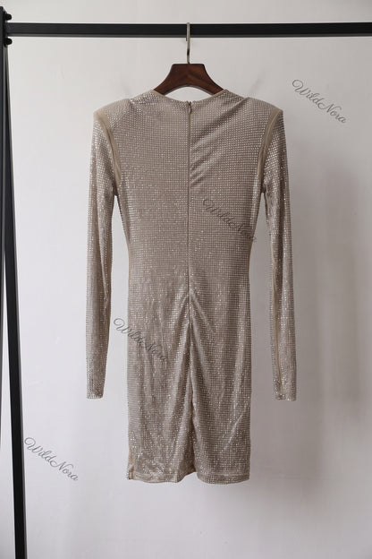 Champagne Beige Bodycon Mini Dress with Asymmetrical Side Drape champagne, beige stretch mesh dress - product view 4