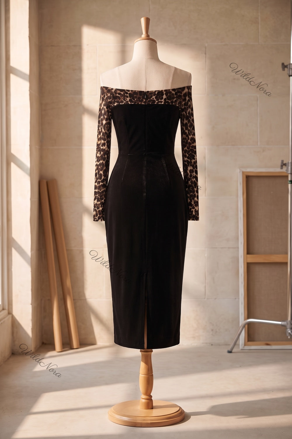 Black Velvet Off-the-Shoulder Sheath Dress with Leopard Print Sleeves black velvet dress - product view 4