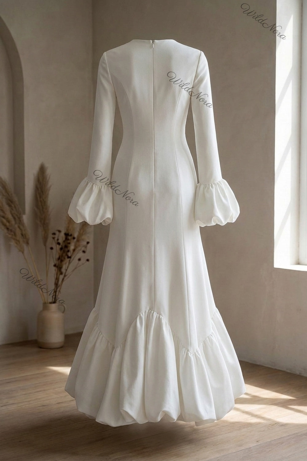 White Heavy Matte Crepe Mermaid Bubble Hem Gown white heavy matte crepe gown - product view 4