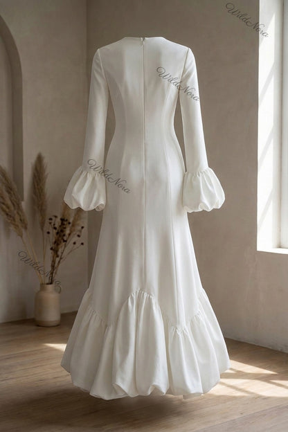 White Heavy Matte Crepe Mermaid Bubble Hem Gown white heavy matte crepe gown - product view 4