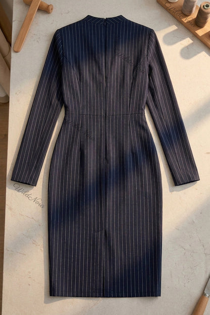 Navy Blue Pinstripe Sheath Dress With Lace Keyhole Cutout navy blue structured woven suiting dress - product view 4