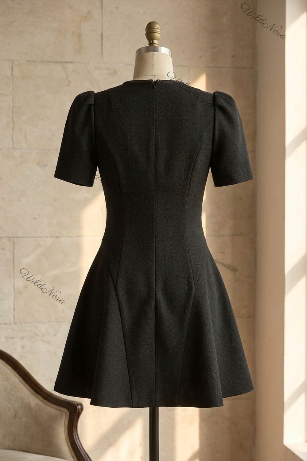 Black Textured Woven Crepe Fit-and-Flare Mini Dress black textured woven crepe dress - product view 4