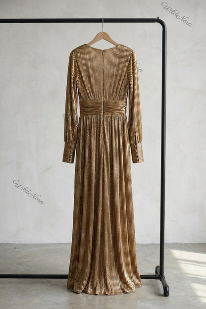 Gold Metallic Plissé A-Line Maxi Dress gold, bronze metallic plissé maxi dress - product view 4