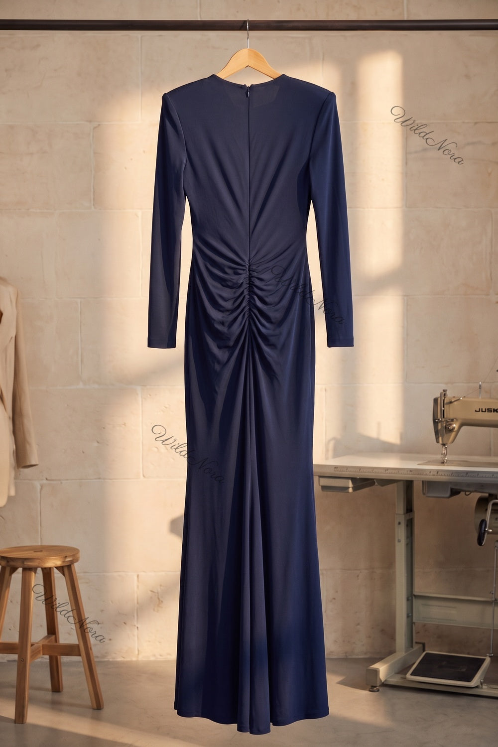Navy Blue Jersey or Crepe Column with Structured Shoulders Floor-Length Gown navy blue jersey or crepe gown - product view 4