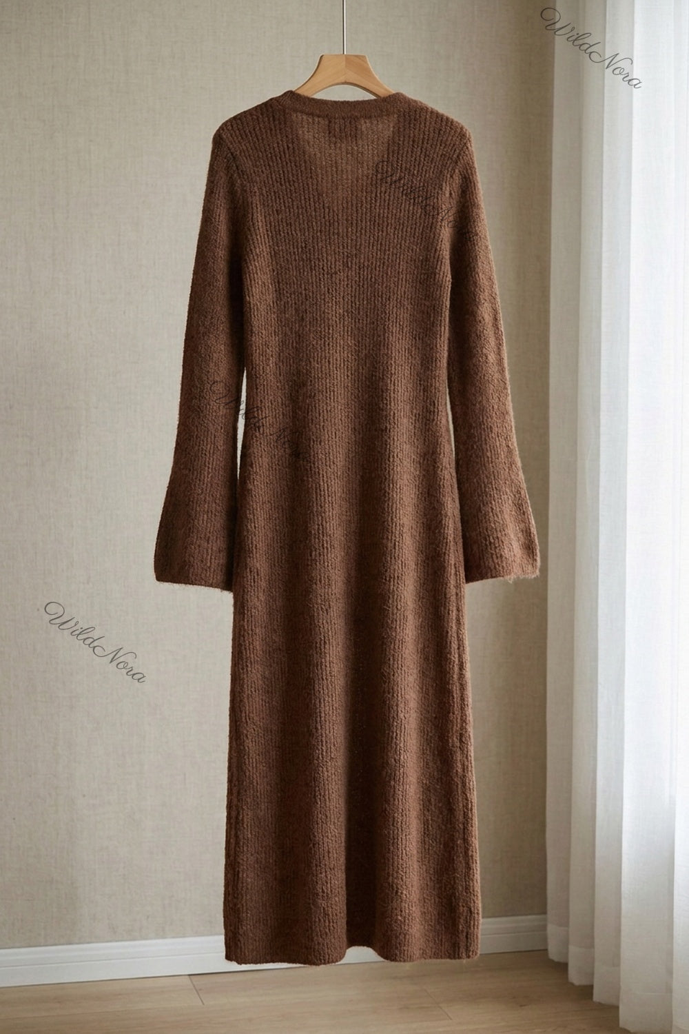 Chocolate Brown Ribbed Knit Longline Cardigan with Bell Sleeves chocolate brown ribbed knit longline cardigan - product view 4