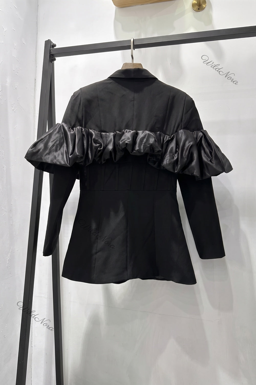 Black Tailored Blazer with Satin Ruffle Detail black woven suiting blazer - product view 4