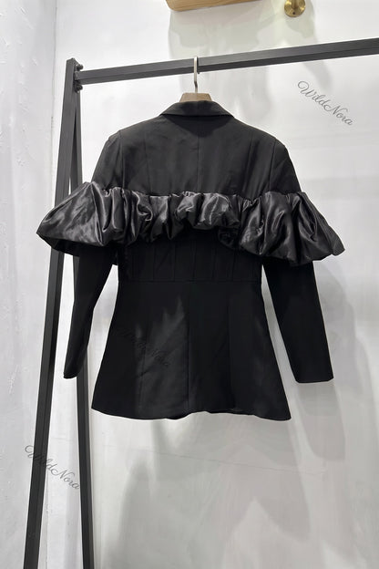 Black Tailored Blazer with Satin Ruffle Detail black woven suiting blazer - product view 4