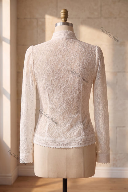 White Sheer Floral Lace Fitted Blouse white sheer floral lace blouse - product view 4