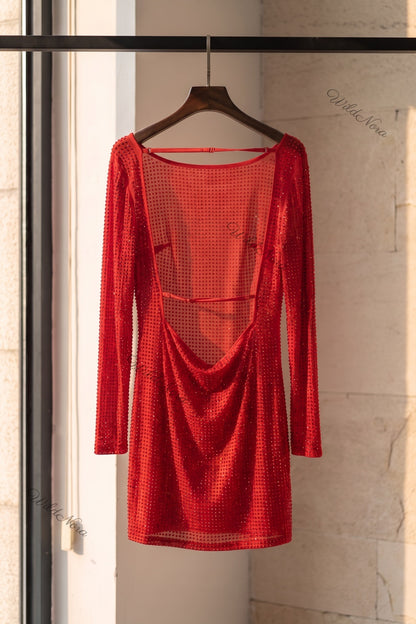 Red Semi-Sheer Mesh Sheath Dress with All-Over Rhinestone Embellishment red semi-sheer mesh dress - product view 4