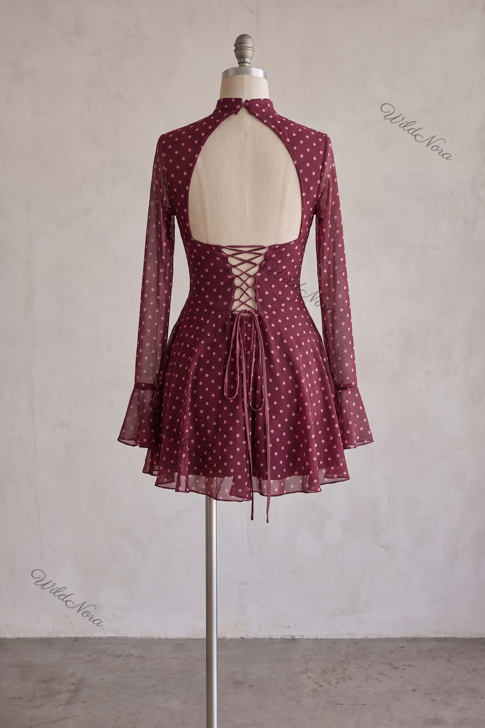 Burgundy Polka Dot Chiffon Fit-and-Flare Mini Dress burgundy sheer chiffon dress - product view 4