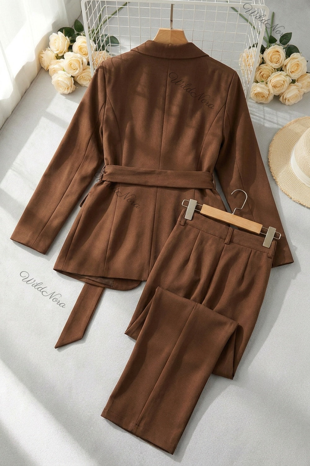 Medium Brown Mid-Weight Woven Two-Piece Pantsuit with Wrap-Front Blazer & Straight-Leg Trousers medium brown mid-weight woven suiting two-piece pantsuit - product view 4
