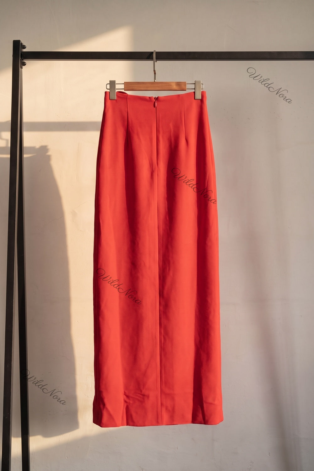 Red Structured Woven Crepe Column Skirt with Side Slit and 3D Rosettes red structured woven crepe skirt - product view 4