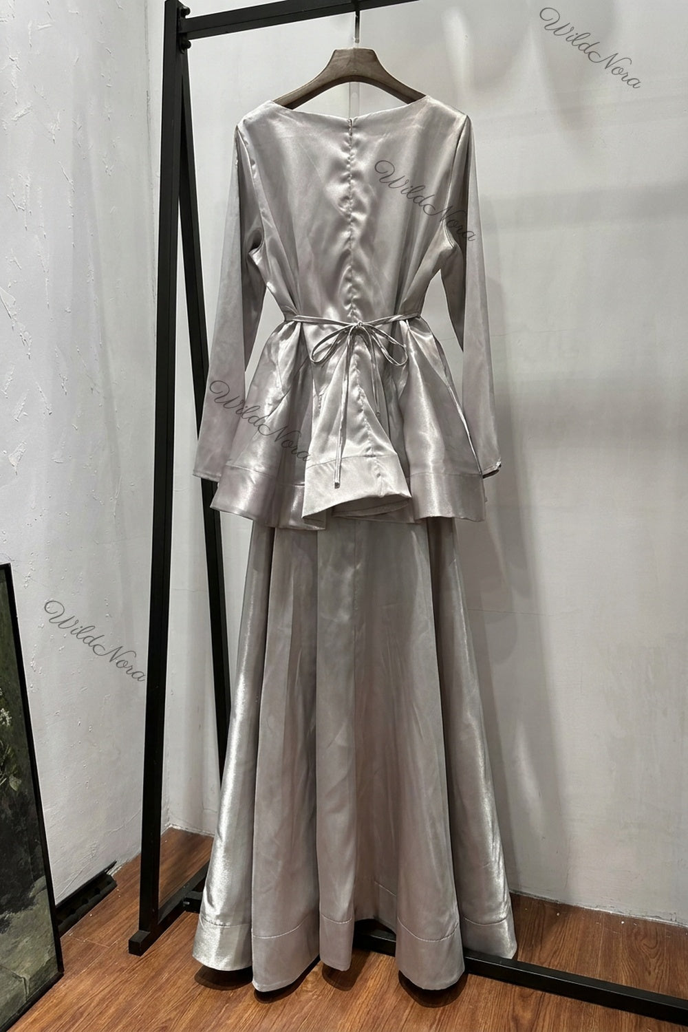 Silver Satin Peplum Top with Flared Maxi Skirt Two-Piece Set silver satin two-piece set - product view 4