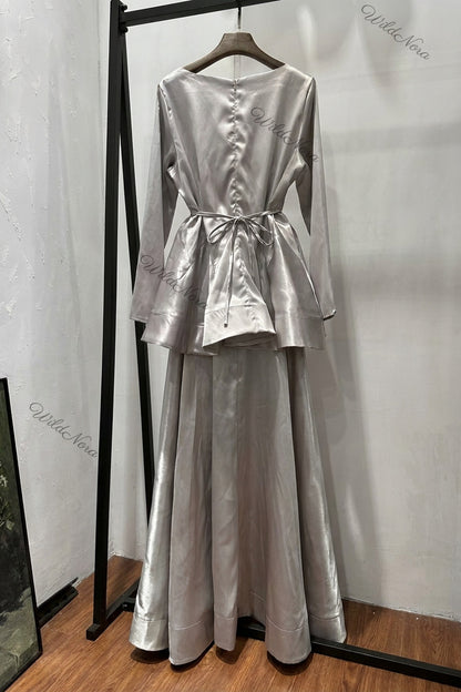 Silver Satin Peplum Top with Flared Maxi Skirt Two-Piece Set silver satin two-piece set - product view 4