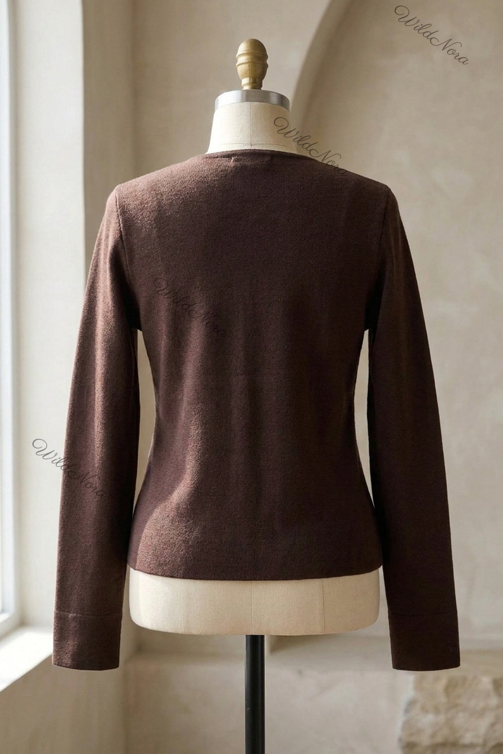 Dark Brown Fine-Gauge Knit Cardigan Jacket with Textured Gold Buttons dark brown fine-gauge knit cardigan jacket - product view 4