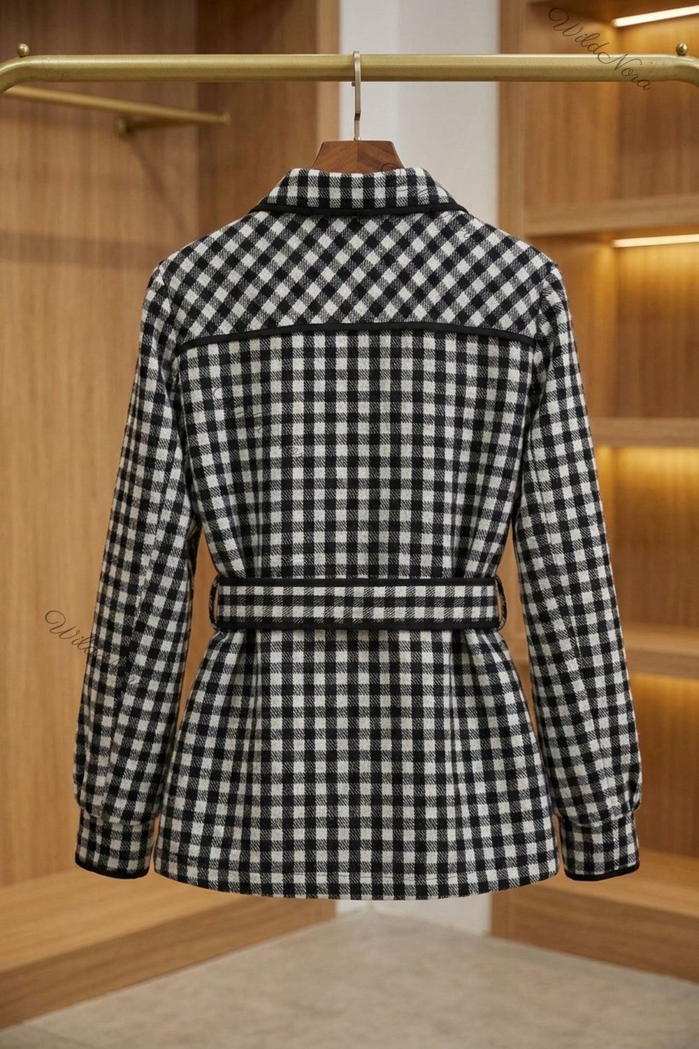Black & White Gingham Belted Jacket black, white woven wool-blend or flannel belted jacket - product view 4