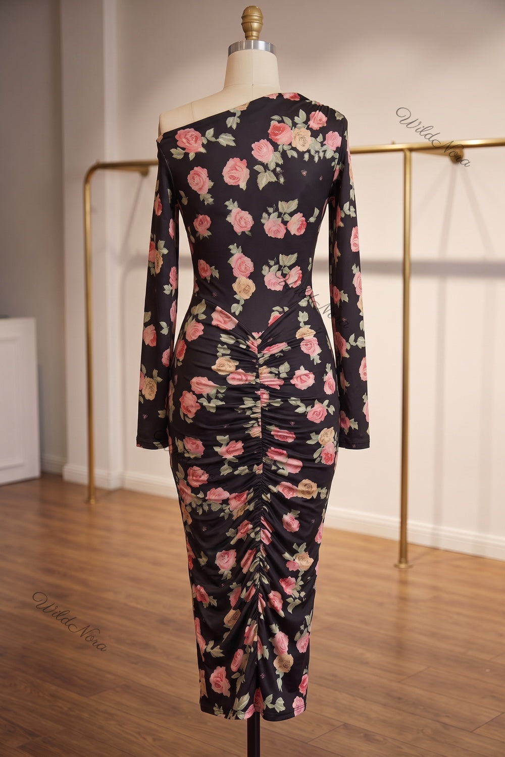 Black Floral Bodycon Midi Dress with Asymmetrical Off-the-Shoulder black stretch knit dress - product view 4