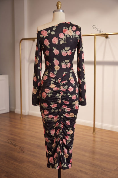 Black Floral Bodycon Midi Dress with Asymmetrical Off-the-Shoulder black stretch knit dress - product view 4