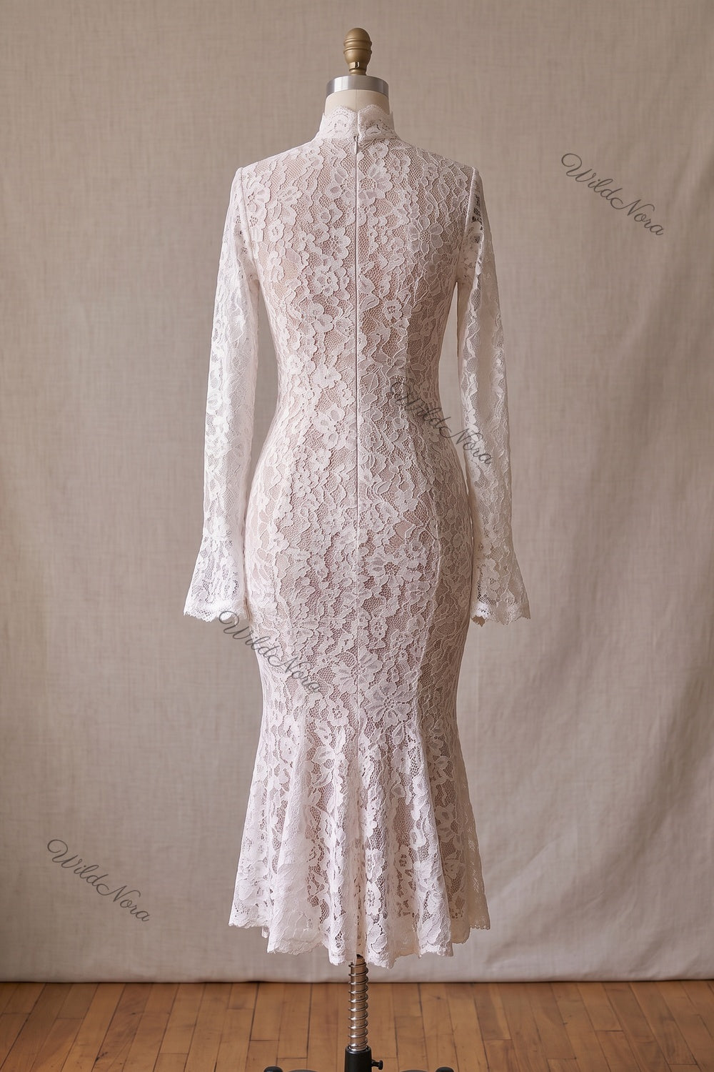 White Floral Lace Trumpet Midi Dress white floral lace dress - product view 4