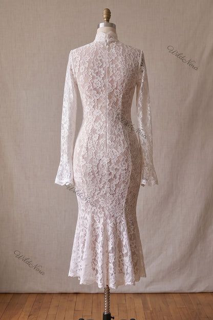 White Floral Lace Trumpet Midi Dress white floral lace dress - product view 4