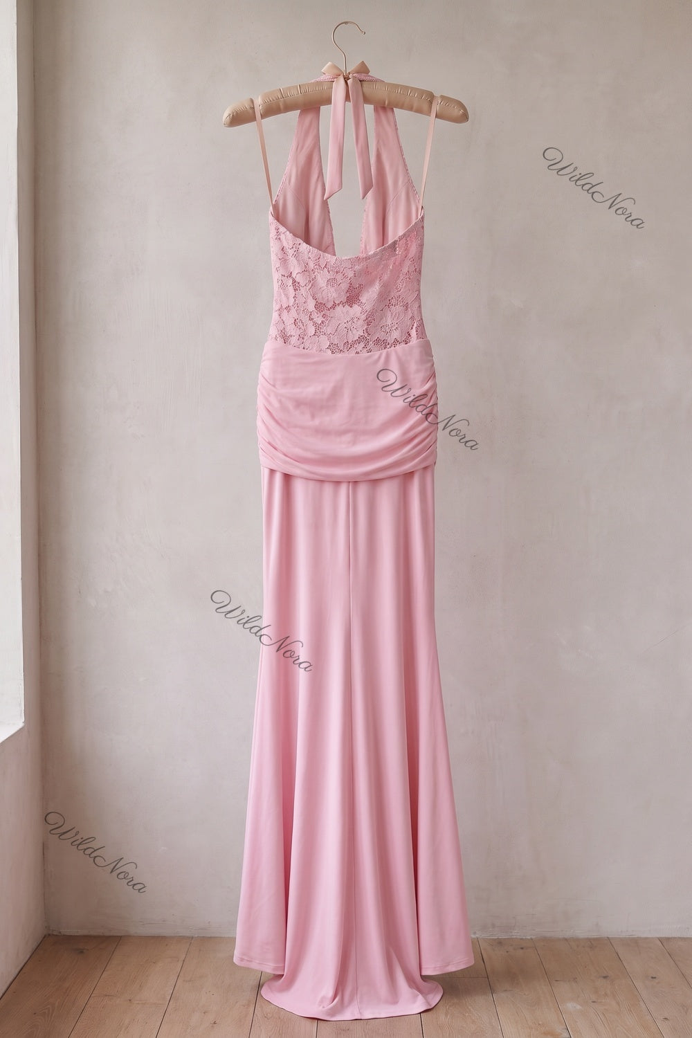Light Pink Stretch Jersey Mermaid Gown with Floral Lace Bodice light pink stretch jersey gown - product view 4