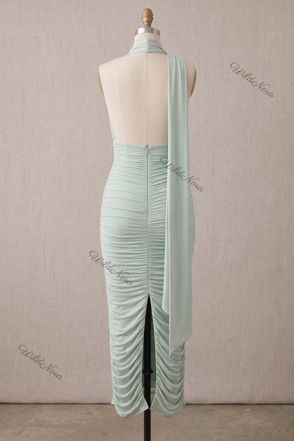 Mint Green Stretch Jersey Bodycon Midi Dress with Ruched Detail mint green stretch jersey dress - product view 4
